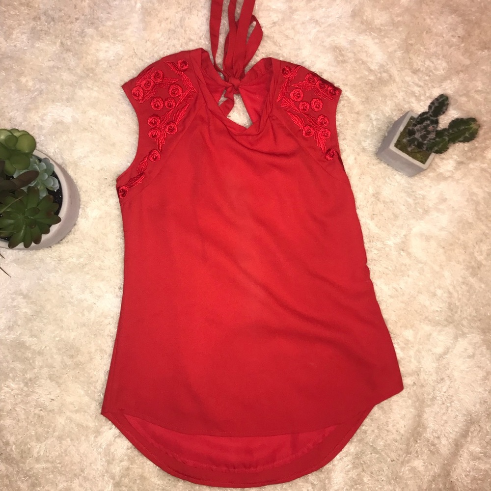 Red floral embroidered tank